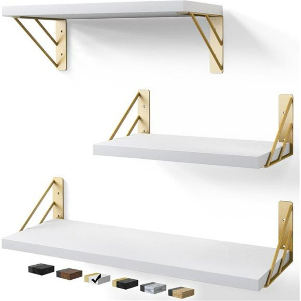Floating Wall Shelves Set White Gold Wood Storage for Bathroom Bedroom Kitchen